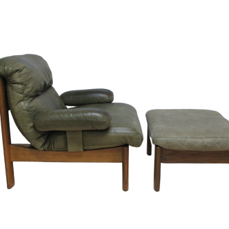 Armchair and footstool - green leather - 1960s