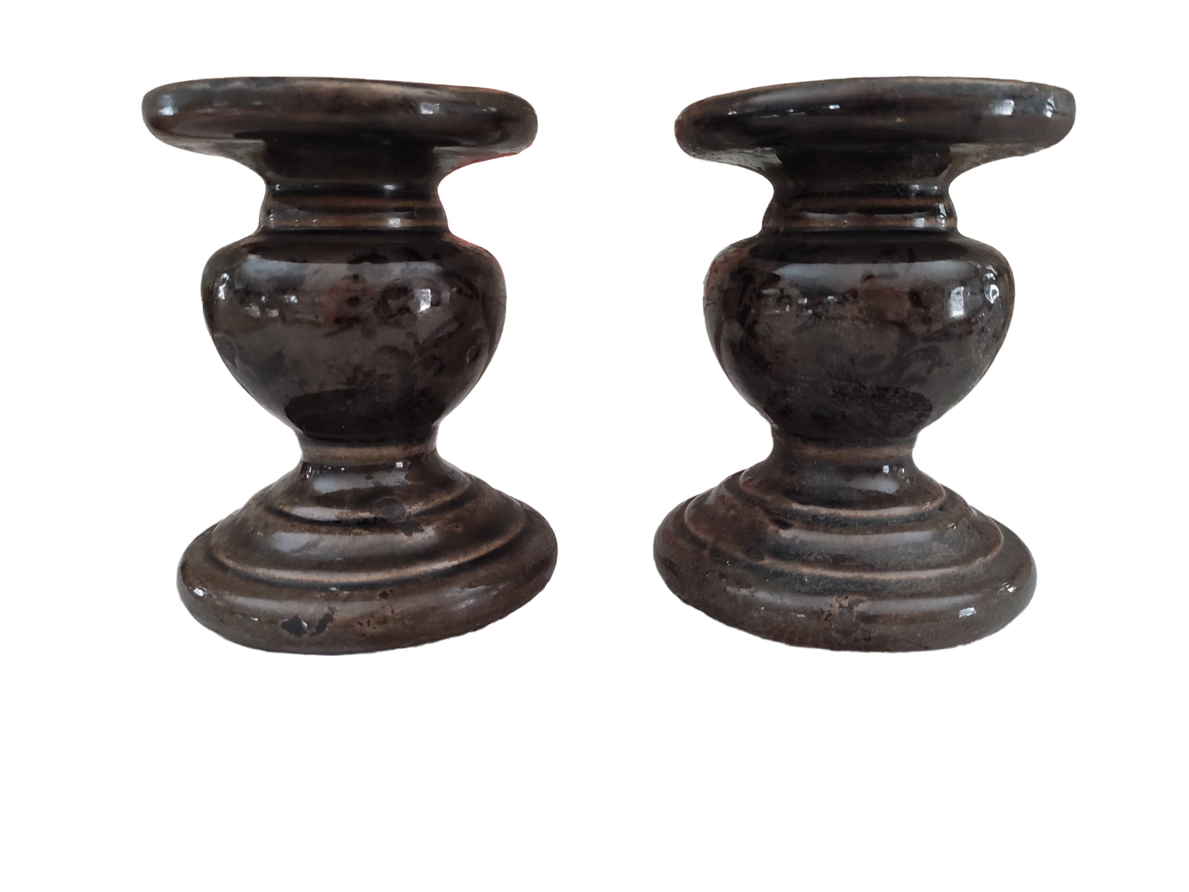 Set of 2 candle holders in brown enamelled terracotta decoration floral pattern tone on tone
