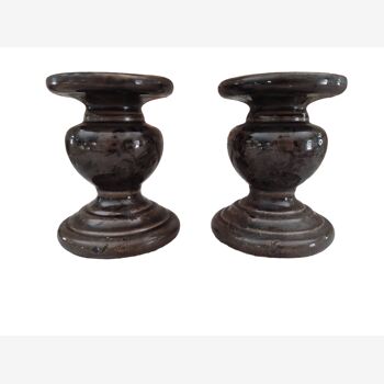 Set of 2 candle holders in brown enamelled terracotta decoration floral pattern tone on tone