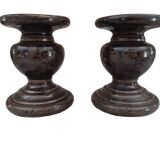 Set of 2 candle holders in brown enamelled terracotta decoration floral pattern tone on tone