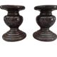 Set of 2 candle holders in brown enamelled terracotta decoration floral pattern tone on tone