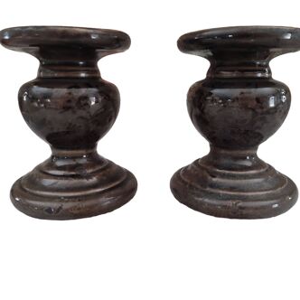 Set of 2 candle holders in brown enamelled terracotta decoration floral pattern tone on tone