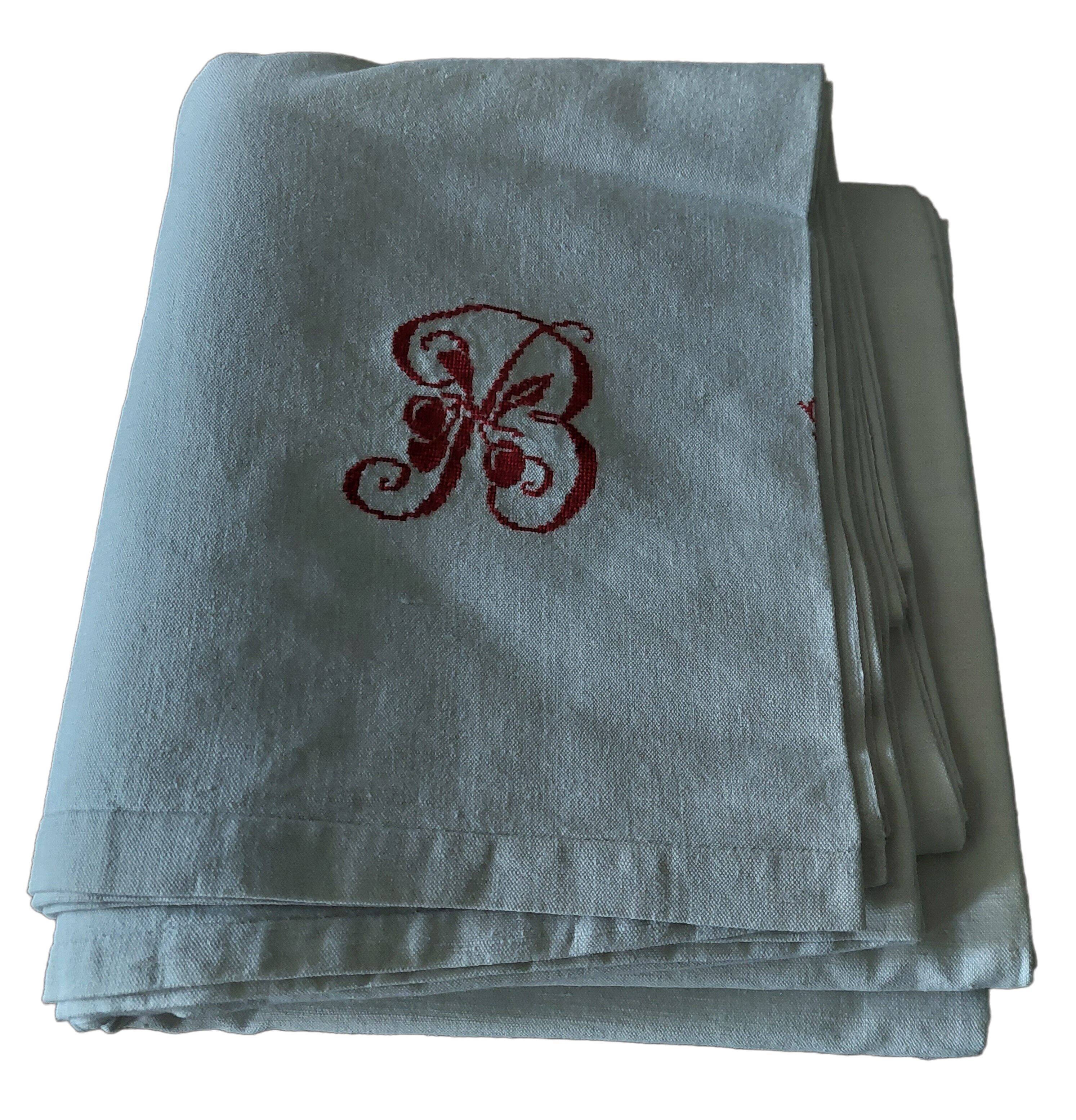 Old sheet embroidered monogram red, 205x230 cm