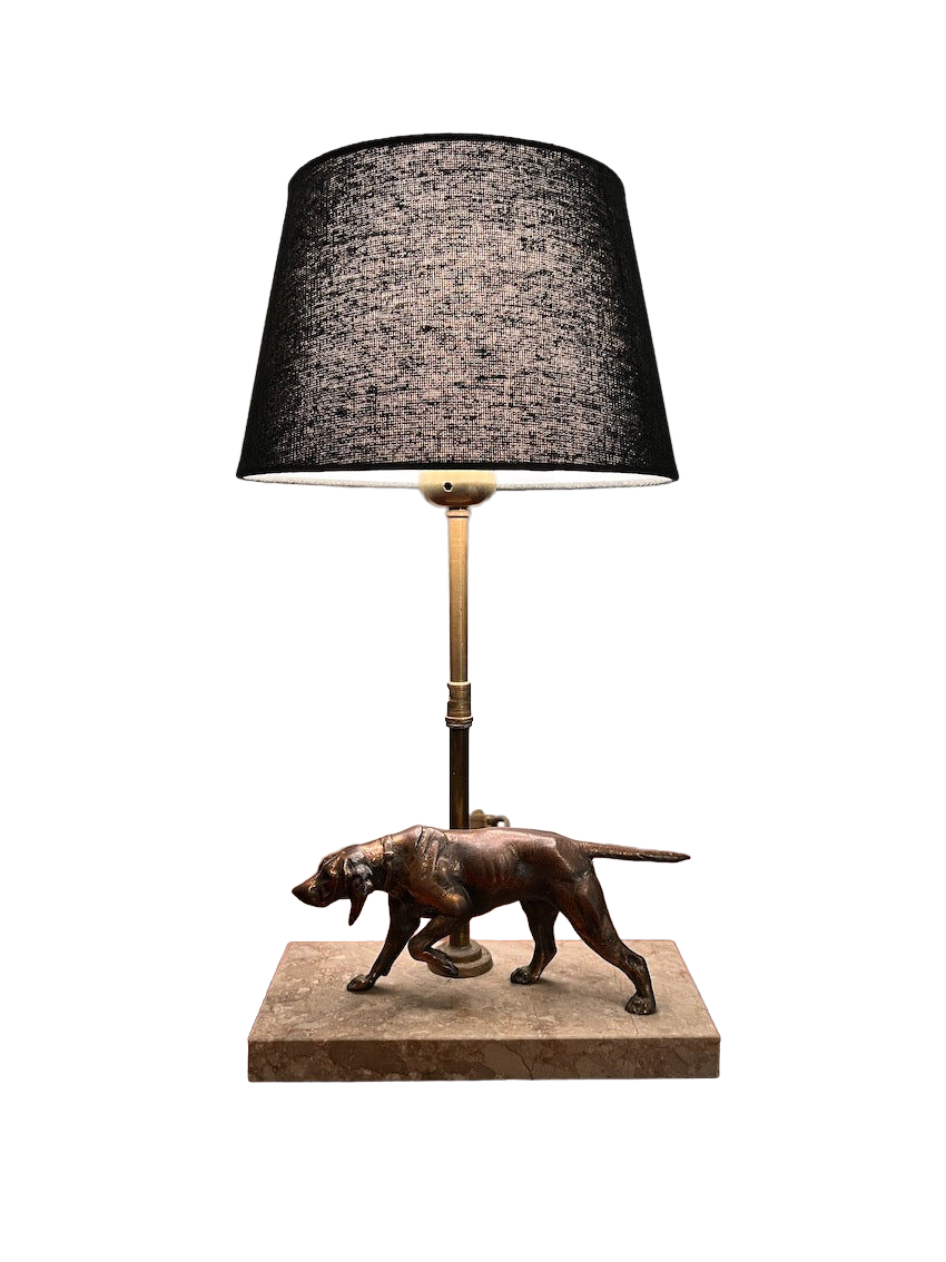 Vintage bronze hunting dog table lamp, marble base and brass tube