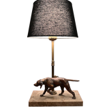 Vintage bronze hunting dog table lamp, marble base and brass tube