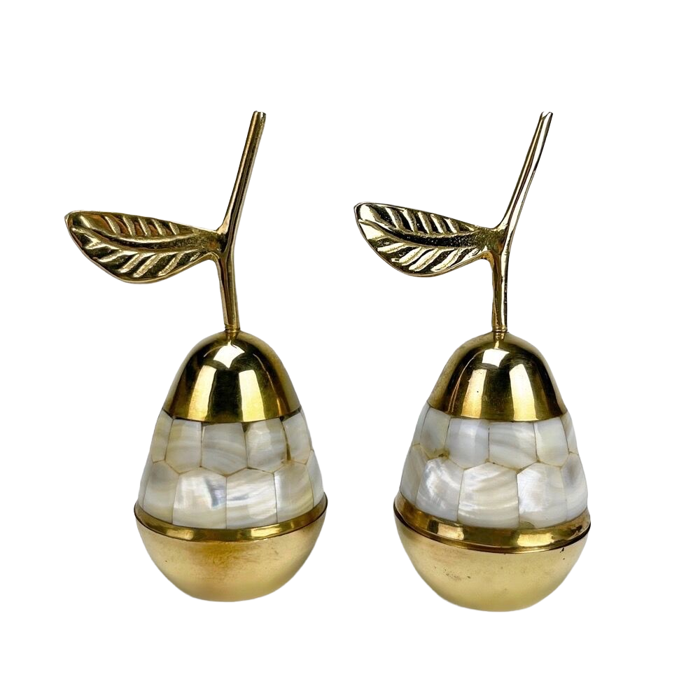Duo of pear boxes in mother-of-pearl and brass 80s