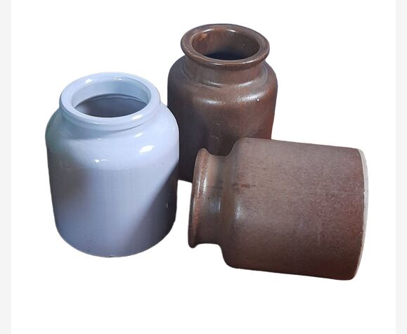 Ensemble de 3 anciens pots à moutarde/condiments, en céramique / grés