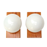 Pair of wood sconces and opaque white glass, 70s