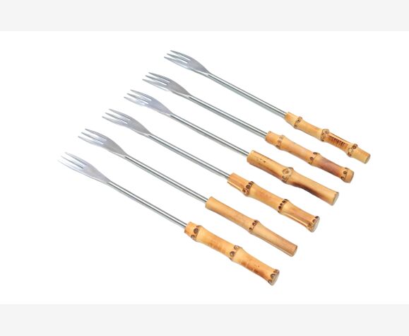 Set de 6 fourchettes à fondue avec manche en bambou, années 60