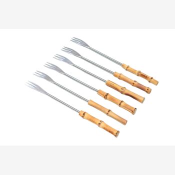 Set of 6 fondue forks with bamboo handle, 60s