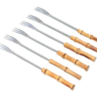 Set of 6 fondue forks with bamboo handle, 60s