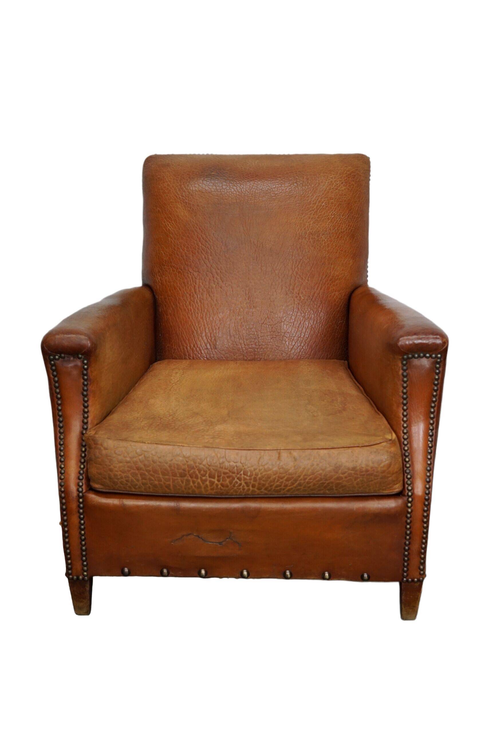 Vintage french cognac-colored leather club chair, 1940s