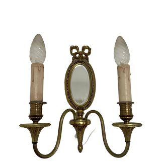 Pair of vintage bronze wall lamps with mirror and 2 candles, 80s