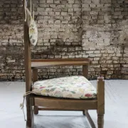 Rare Dutch brutalist oak armchair with integrated side table – 1950s