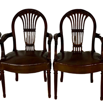 Armchairs x4 directoire style in mahogany and leather