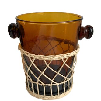 Amber glass ice bucket and rattan 70s