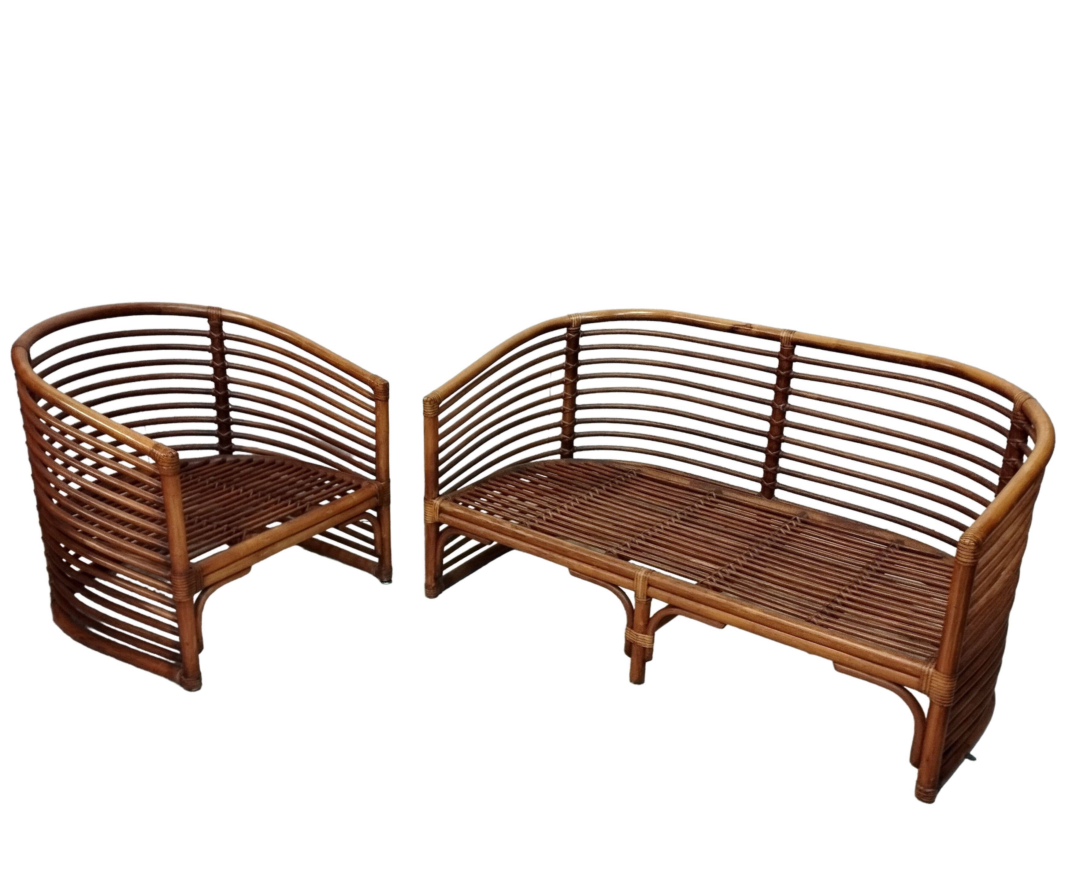 Bench and its bamboo and rattan armchair