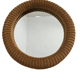 Miroir rond en rotin tressé des années 60/70