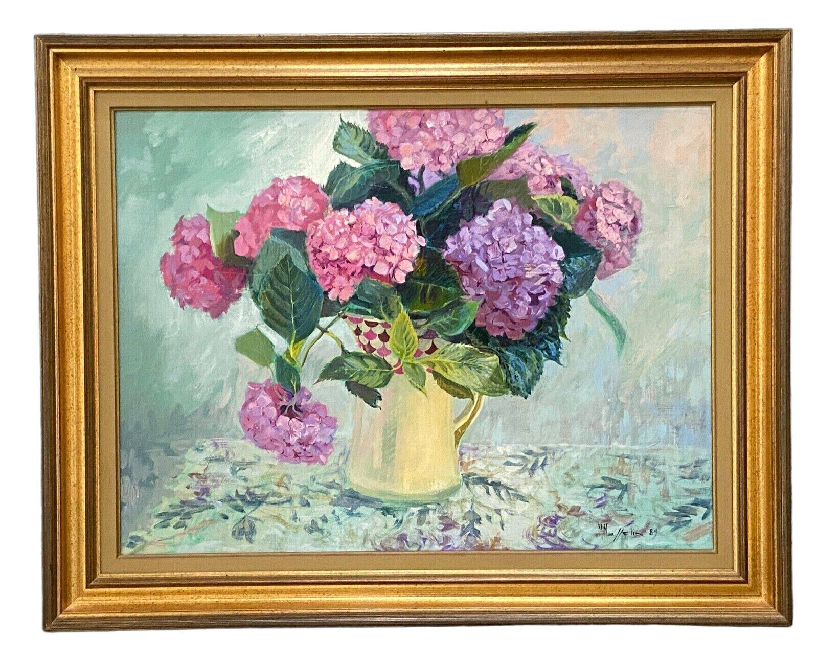 Huile sur toile par maurice masselin bouquet de fleurs d'hortensias 1989