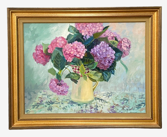 Huile sur toile par maurice masselin bouquet de fleurs d'hortensias 1989