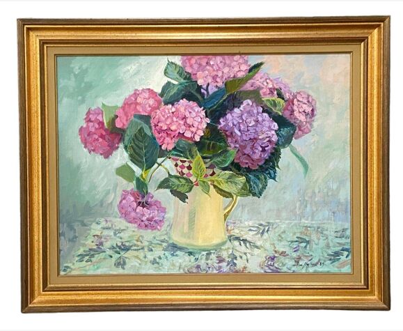 Huile sur toile par maurice masselin bouquet de fleurs d'hortensias 1989