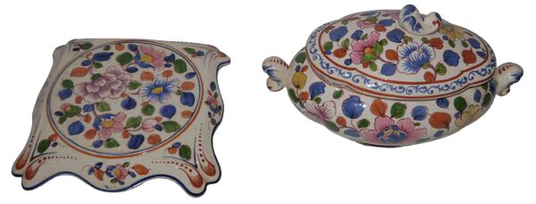 Ensemble soupière et dessous de plat faïence Cera-Clam Rta Gien