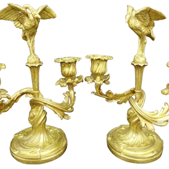 Pair of candle holders with herons Louis XV style of the nineteenth century
