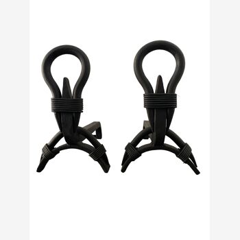 Pair of French black wrought iron chimney chenets, 1960