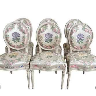 Suite de 6 chaises médaillon style Louis XVI soierie