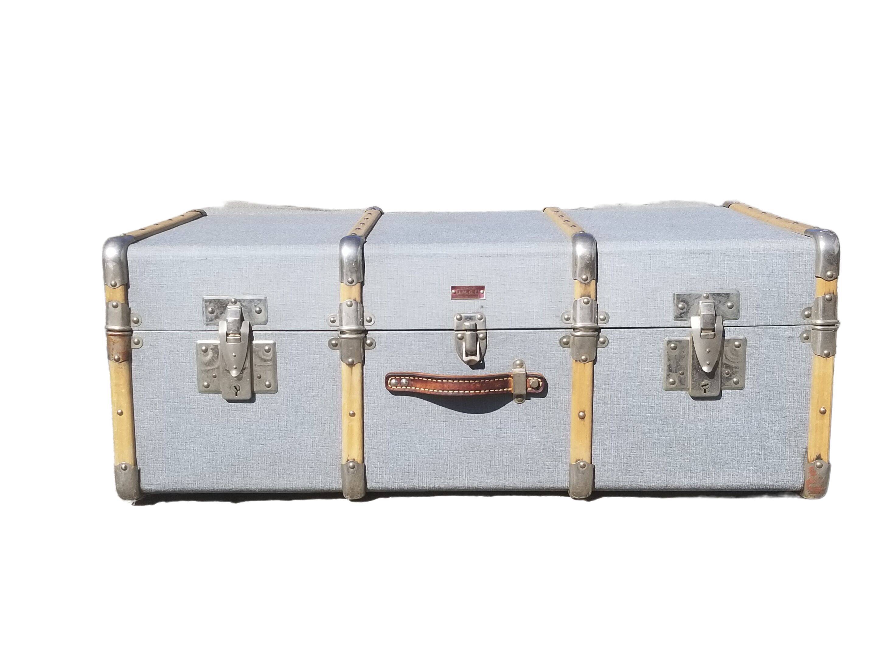 Vintage wooden travel trunk stamped bagage j.m.g.é.