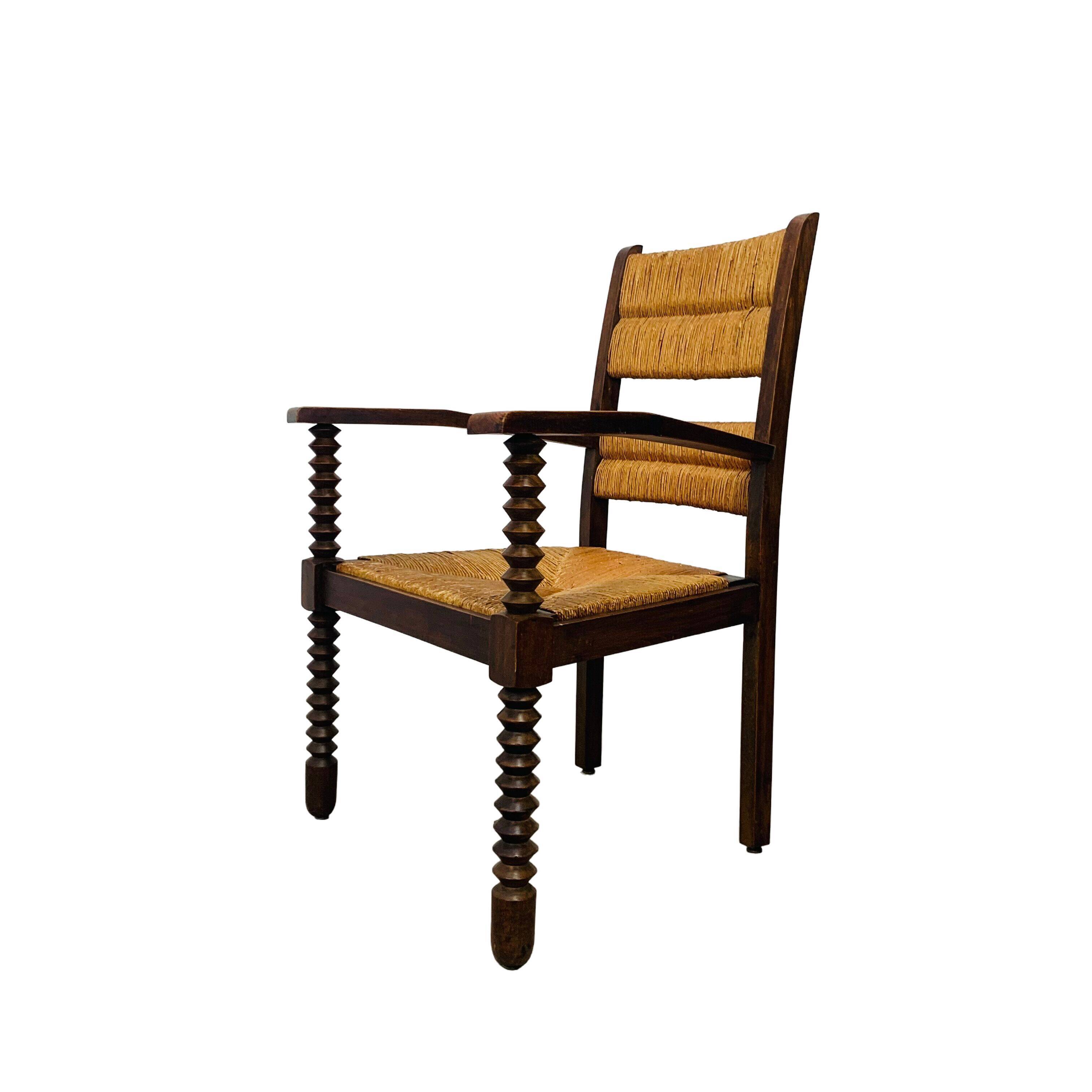 Straw and wood armchair brutalist art deco