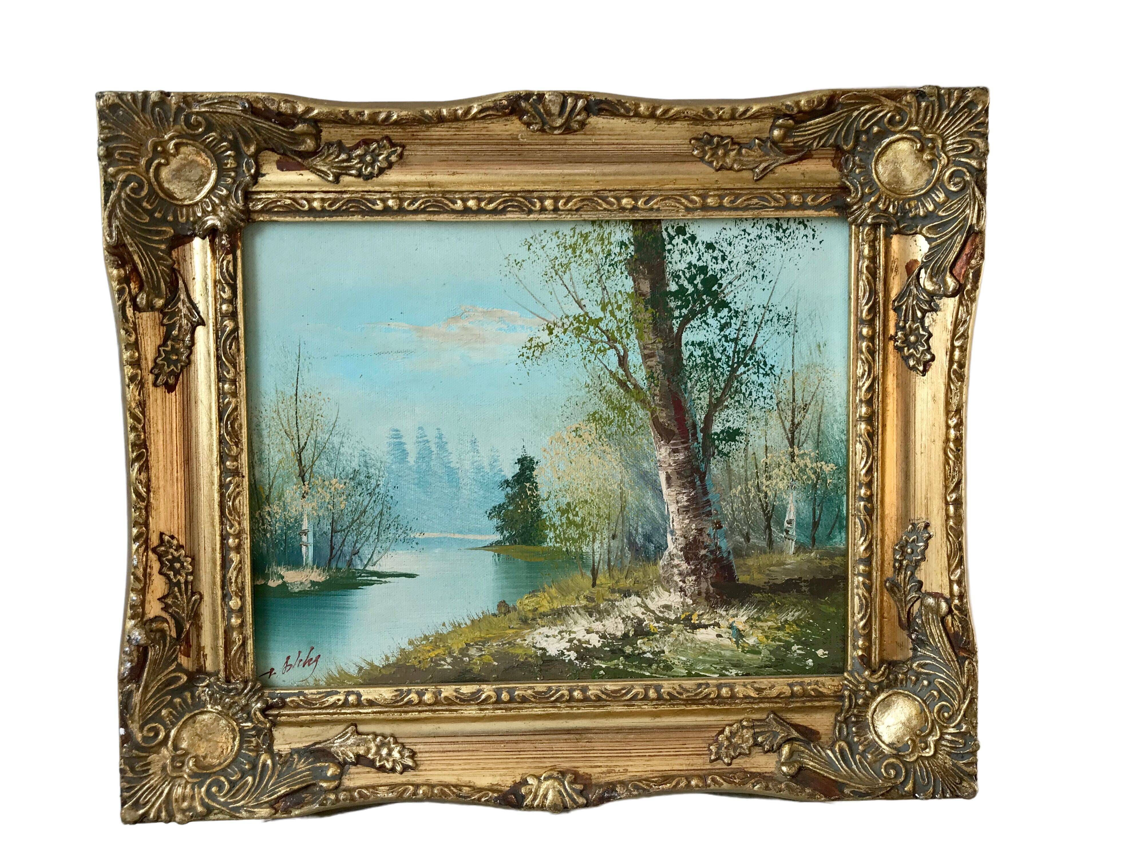 painting oil on canvas landscape river and forest frame wood signed years 40-50
