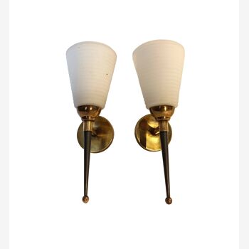 Pair of torchiere sconces in gilded brass and black metal 1960.