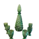 Vintage green bubble decanter and its 6 glasses