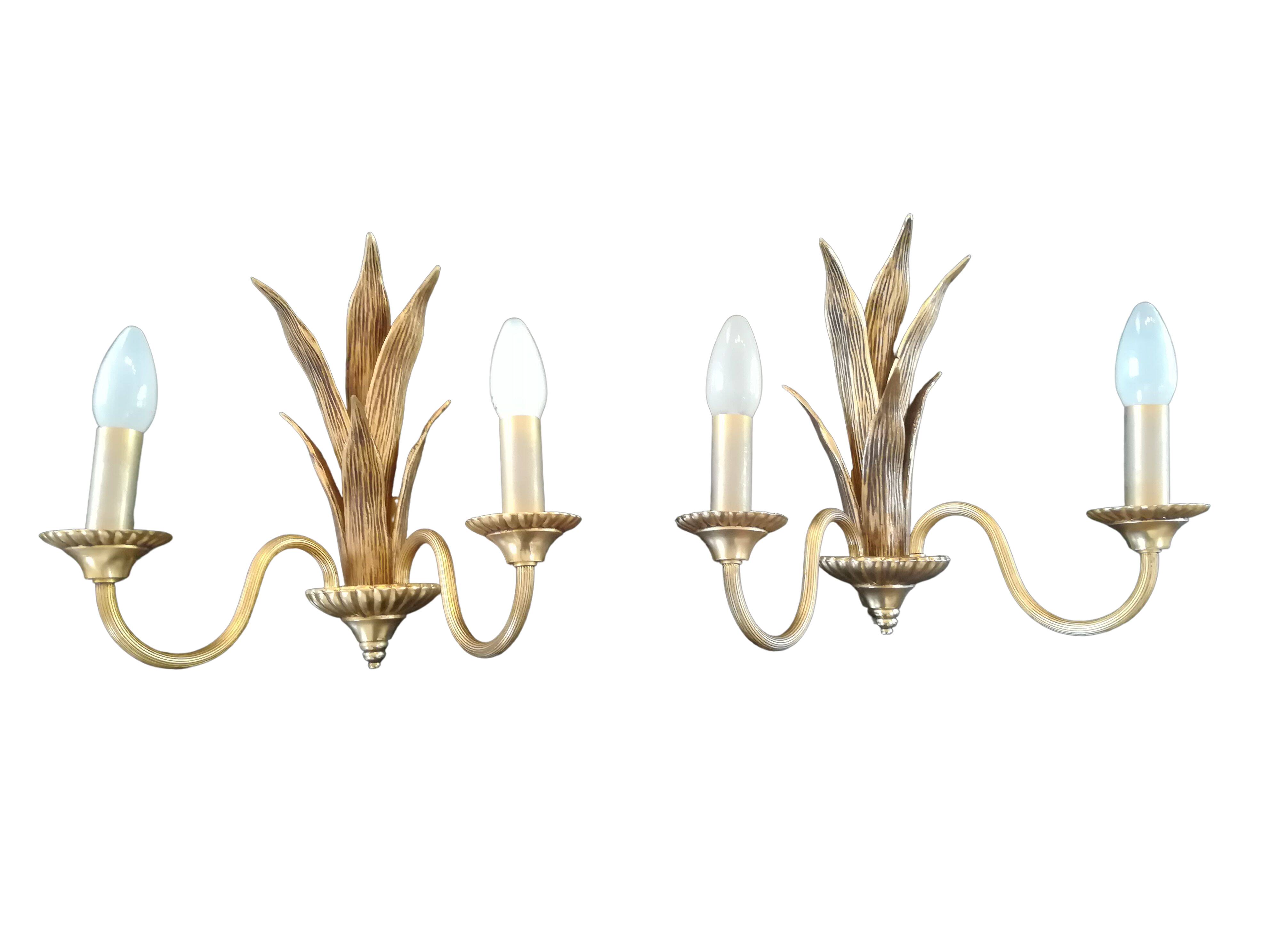 Paire d'appliques palmier en bronze et laiton