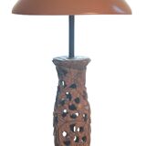 Large carved wooden lamp and mushroom lampshade