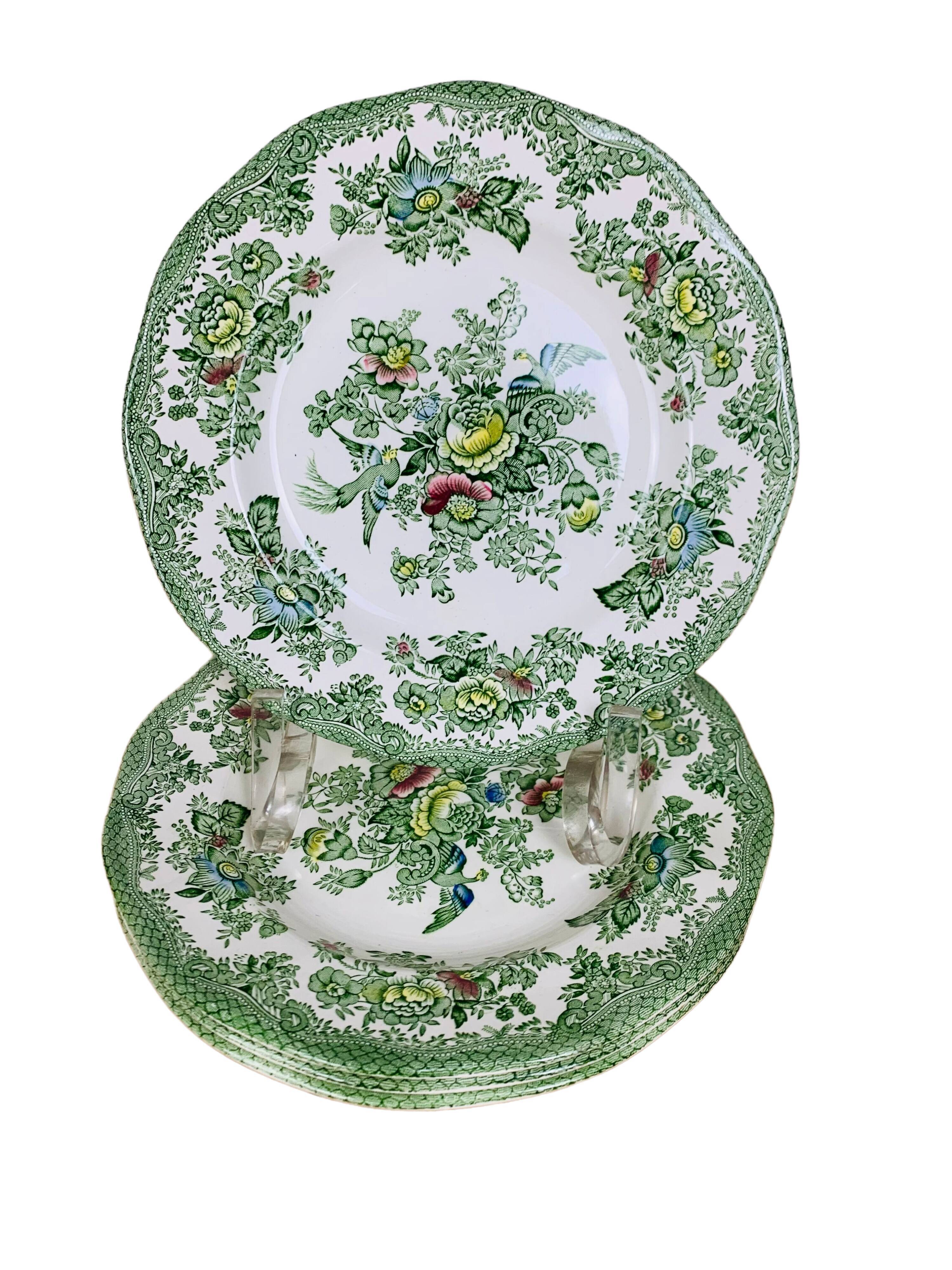 4 dessert plates Wedgwood Oriental Pheasants green