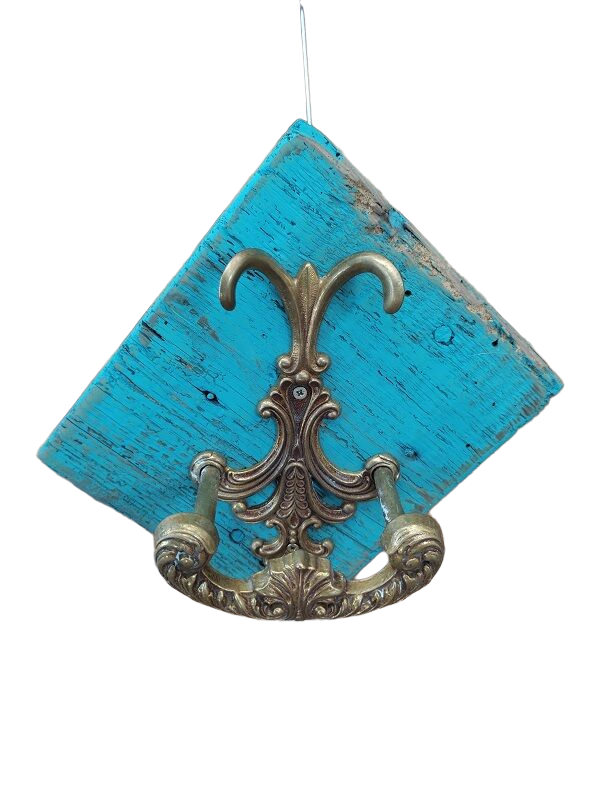 Coat holder patinated wood blue 1 hook bronze deco dp 092288