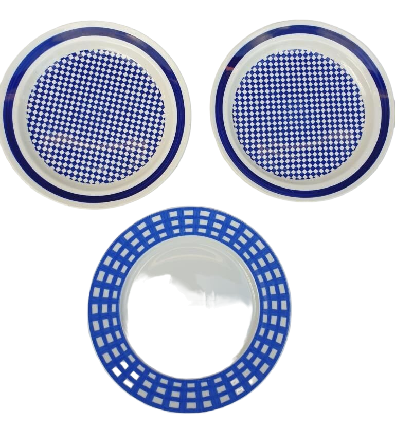 Set 3 variegated dessert plates Guy Degrenne and Gien cobalt blue