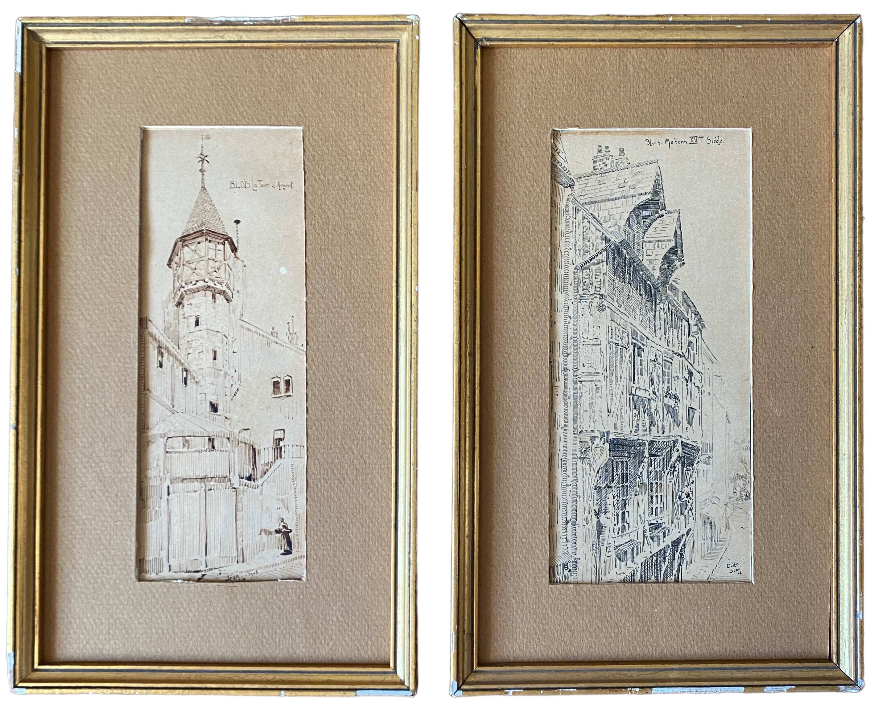 Painting pair of original pen ink seen by blois jean oudin