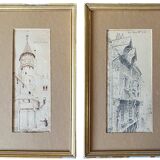 Painting pair of original pen ink seen by blois jean oudin