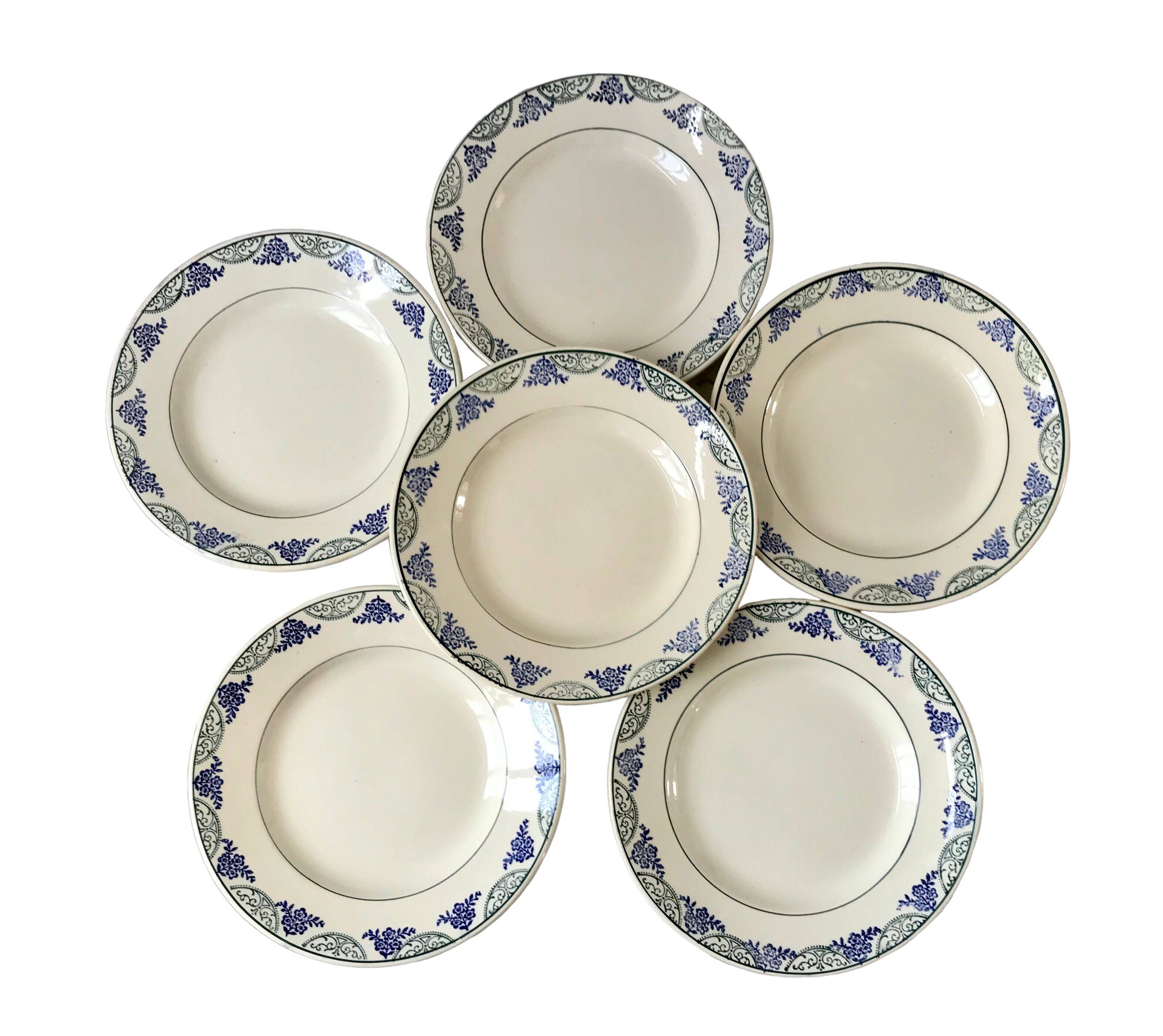 Lot de 6 assiettes plates Terre de Fer Moulins des Loups & Hamage vertes et bleues fin XIXème