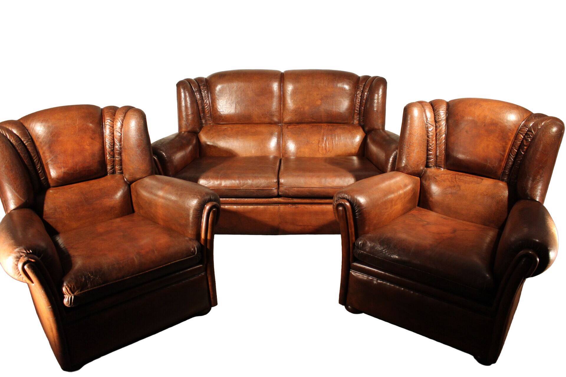 Set of 3 armchair, english leather, 1950s