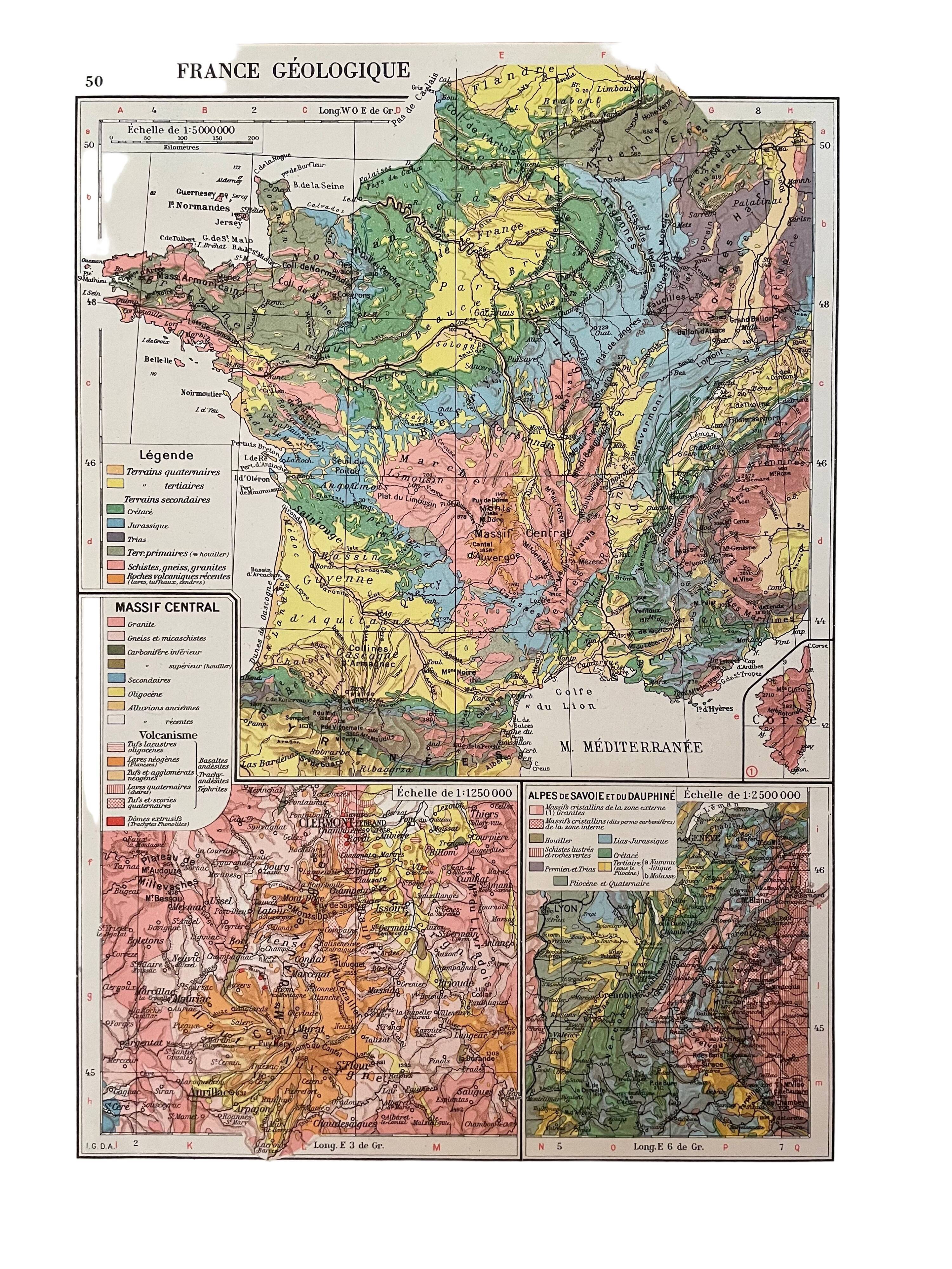 Old map of the geological France of 1945