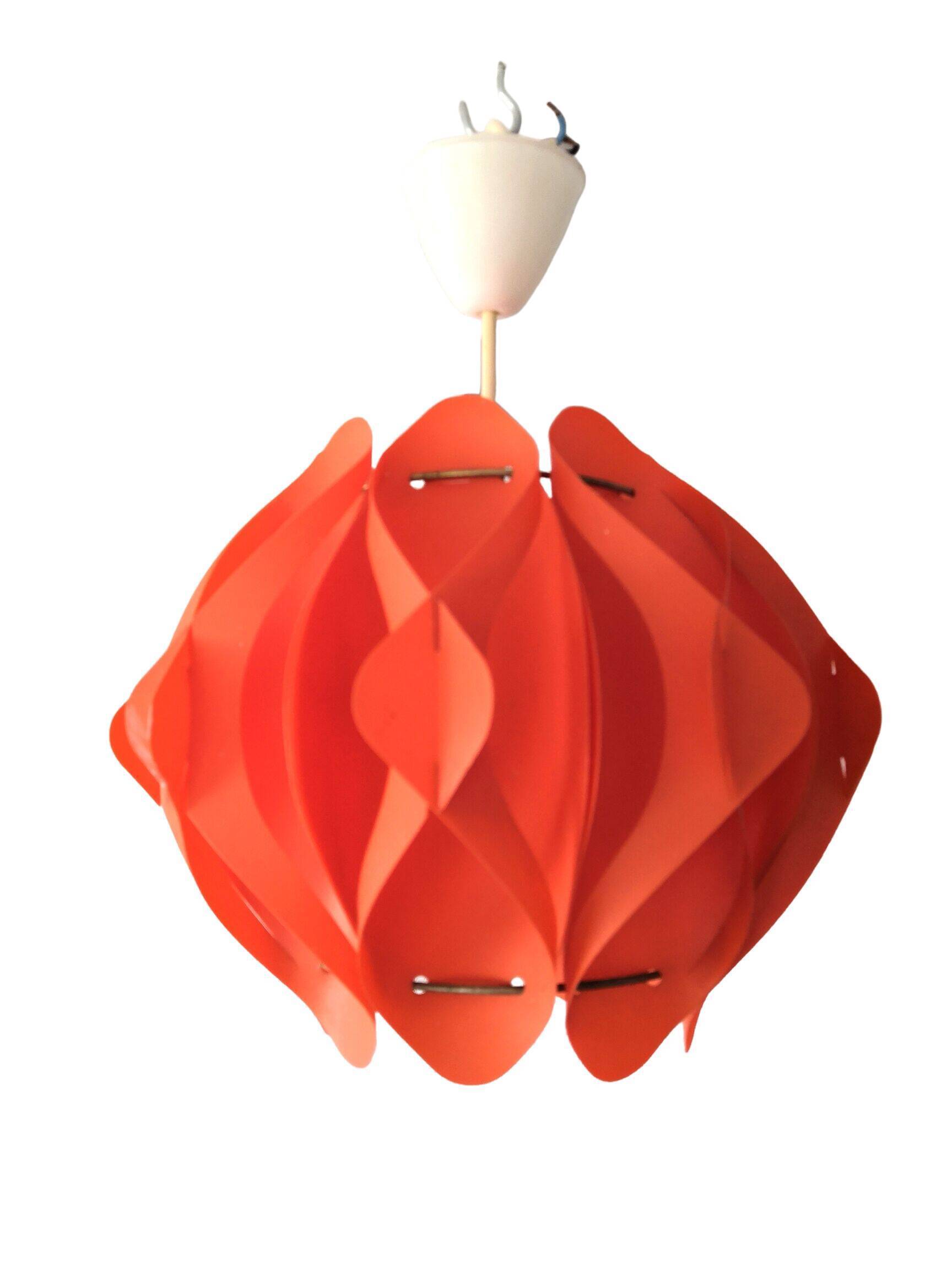 Orange pendant lamp in pleated plastic design 70s
