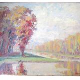 Huile sur toile, représentant un bord de rivière, signé et daté 1938