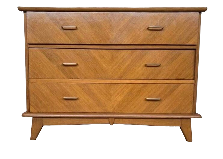 Commode vintage à 3 tiroirs pieds compas en chêne clair