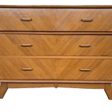 Commode vintage à 3 tiroirs pieds compas en chêne clair