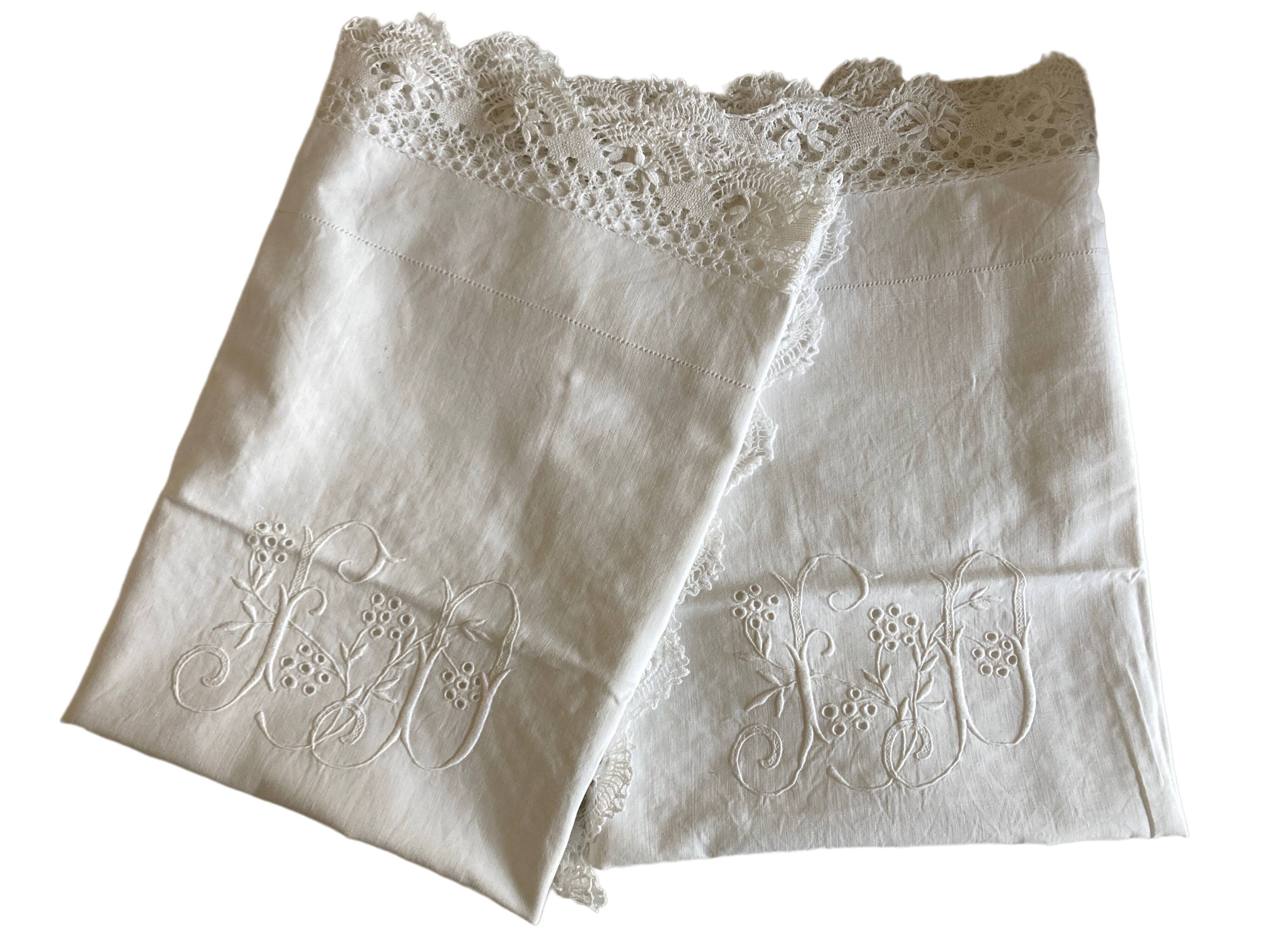 Pair of embroidered 19th linen linen pillowcases