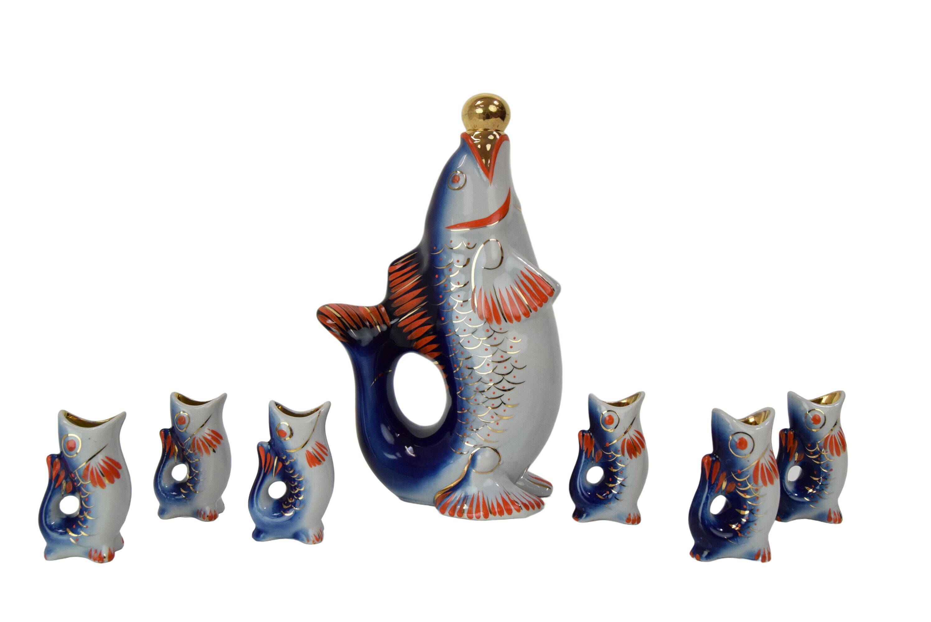 Fish decanter soviet drinking set porcelain fish carafe shots glass,1950's.